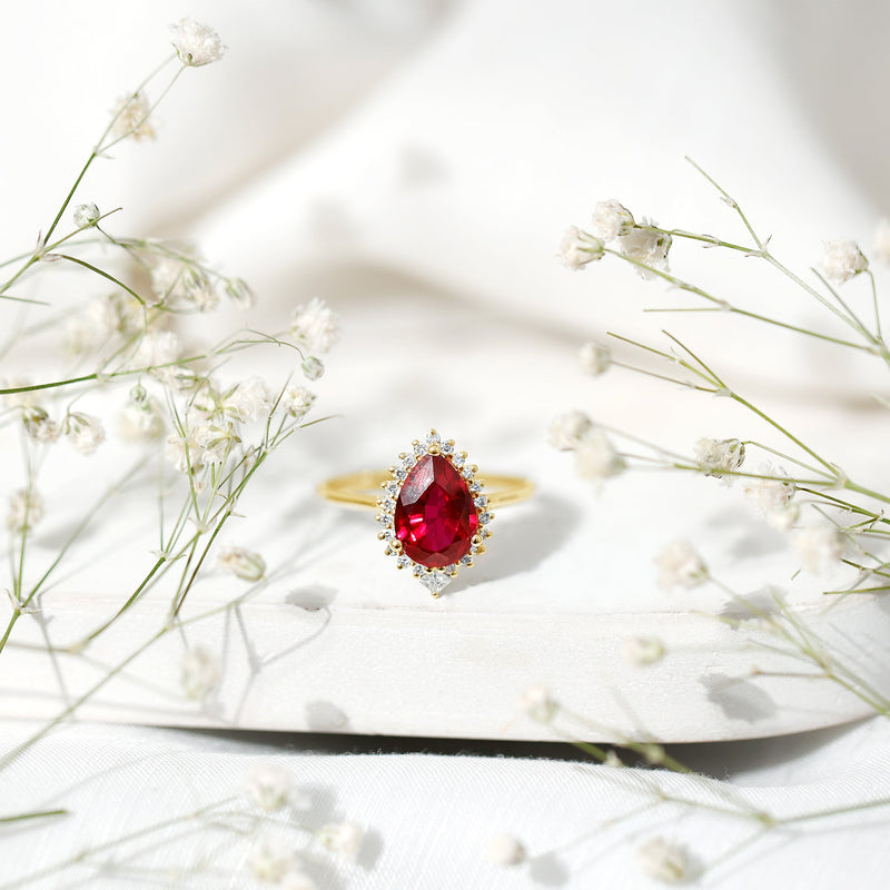 Lab-Created Ruby Teardrop & Diamond Halo Ring