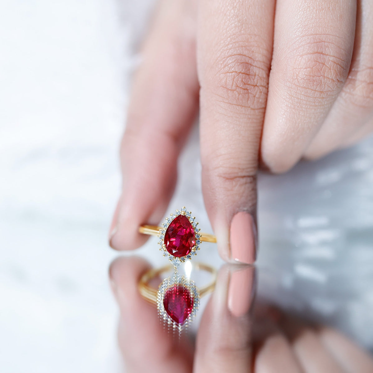 Lab-Created Ruby Teardrop & Diamond Halo Ring