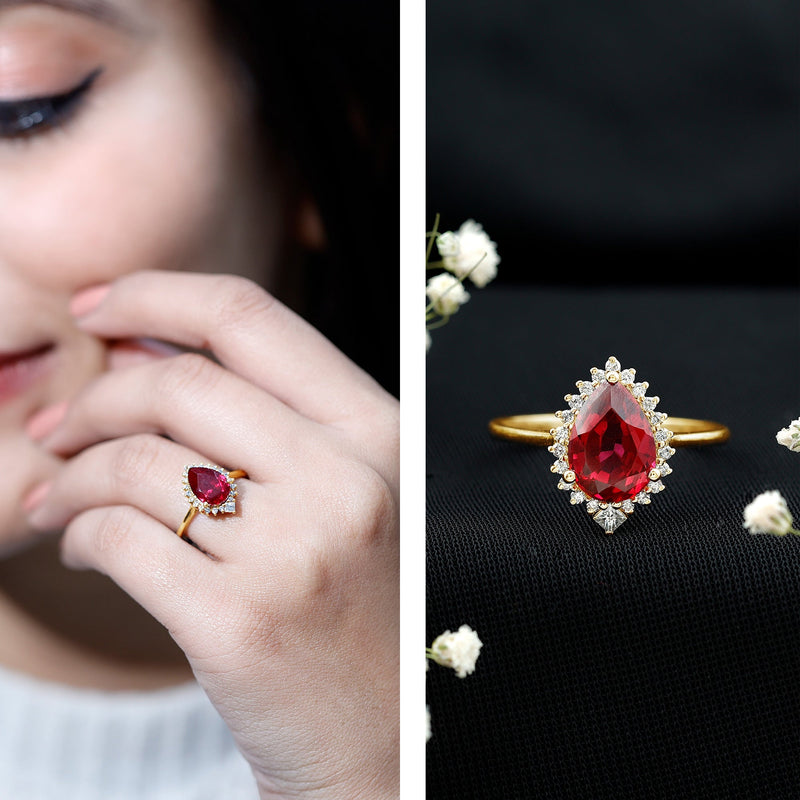 Lab-Created Ruby Teardrop & Diamond Halo Ring