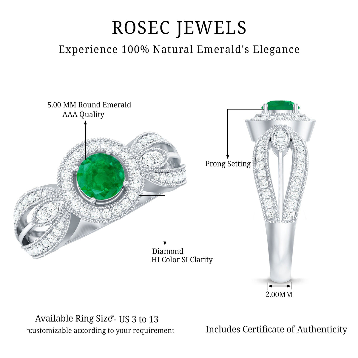 Emerald & Diamond Vintage Split Shank Ring