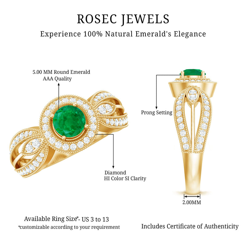 Emerald & Diamond Vintage Split Shank Ring