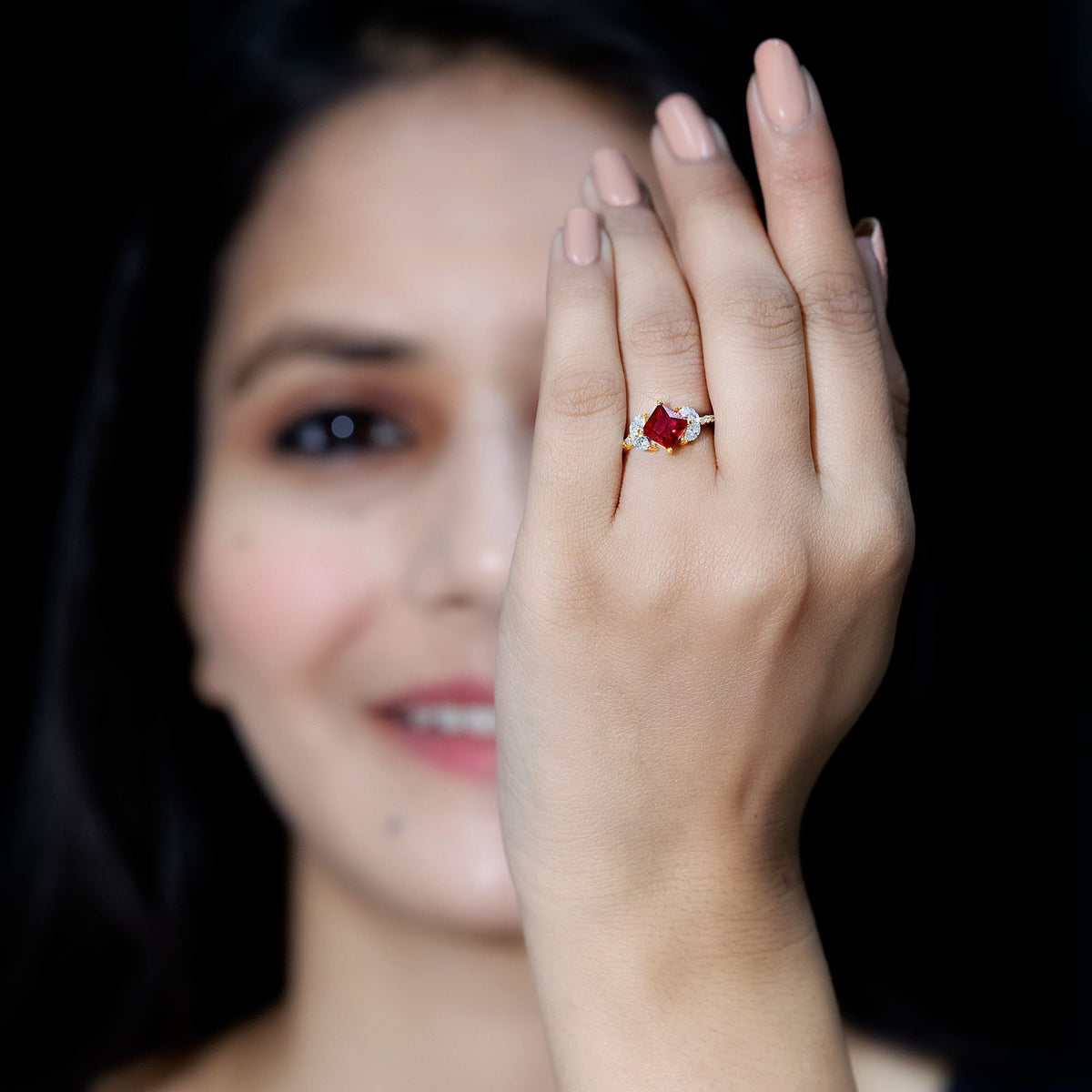 Princess-Cut Lab-Created Ruby & Diamond Bypass Ring