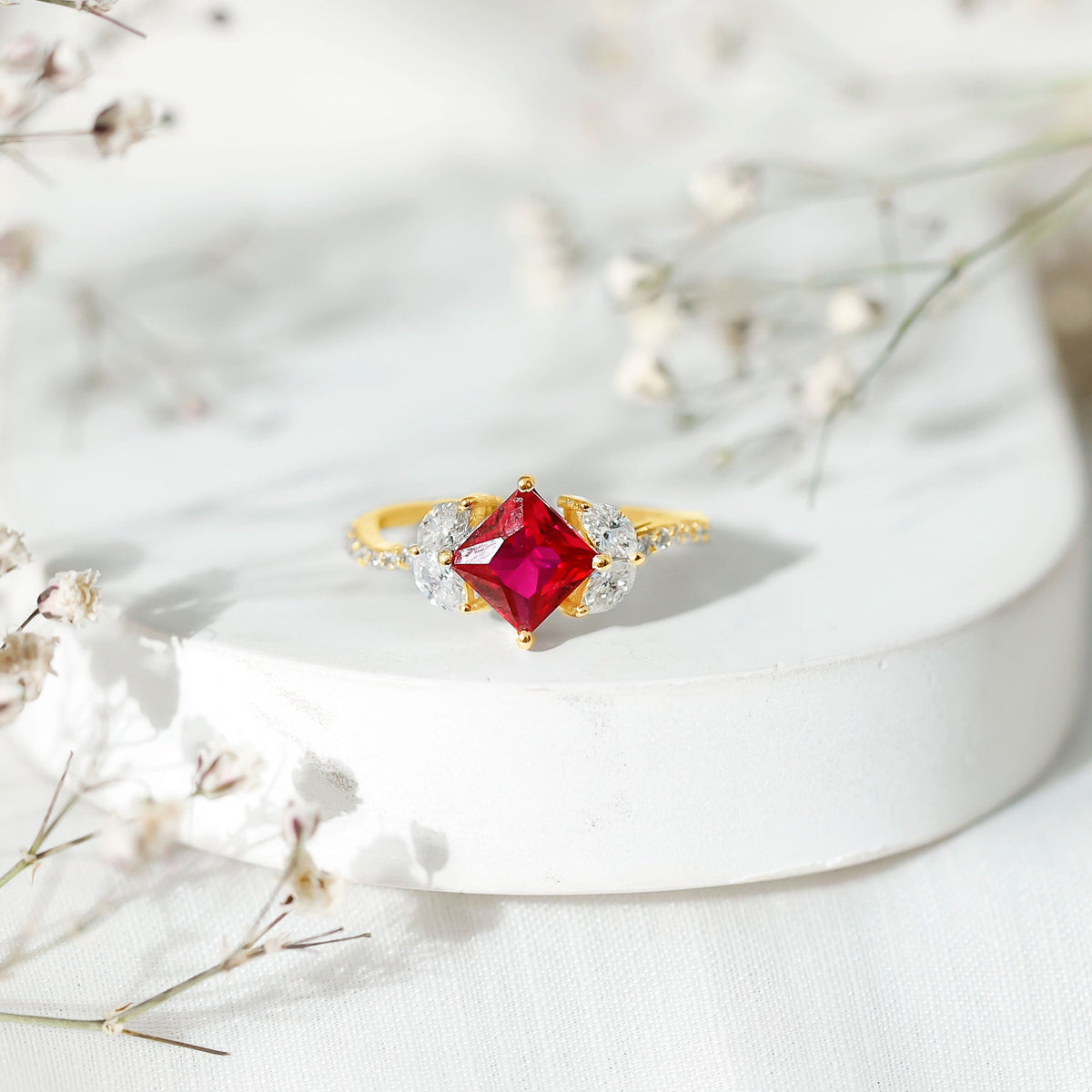 Princess-Cut Lab-Created Ruby & Diamond Bypass Ring