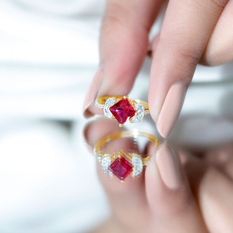 Princess-Cut Lab-Created Ruby & Diamond Bypass Ring