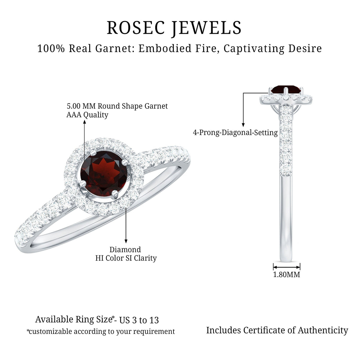 Minimal Garnet & Diamond Halo Engagement Ring