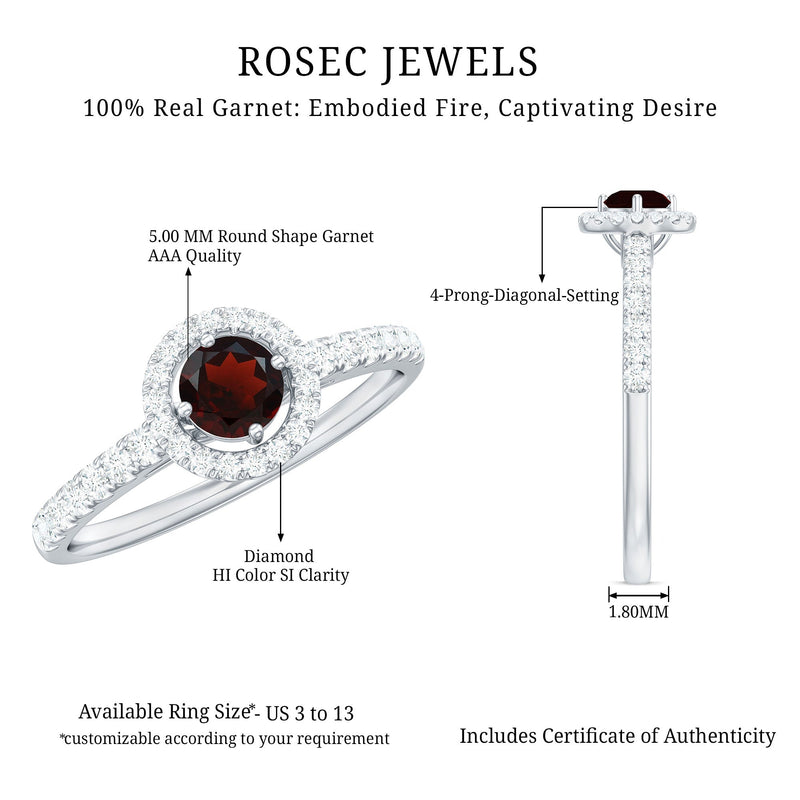 Minimal Garnet & Diamond Halo Engagement Ring