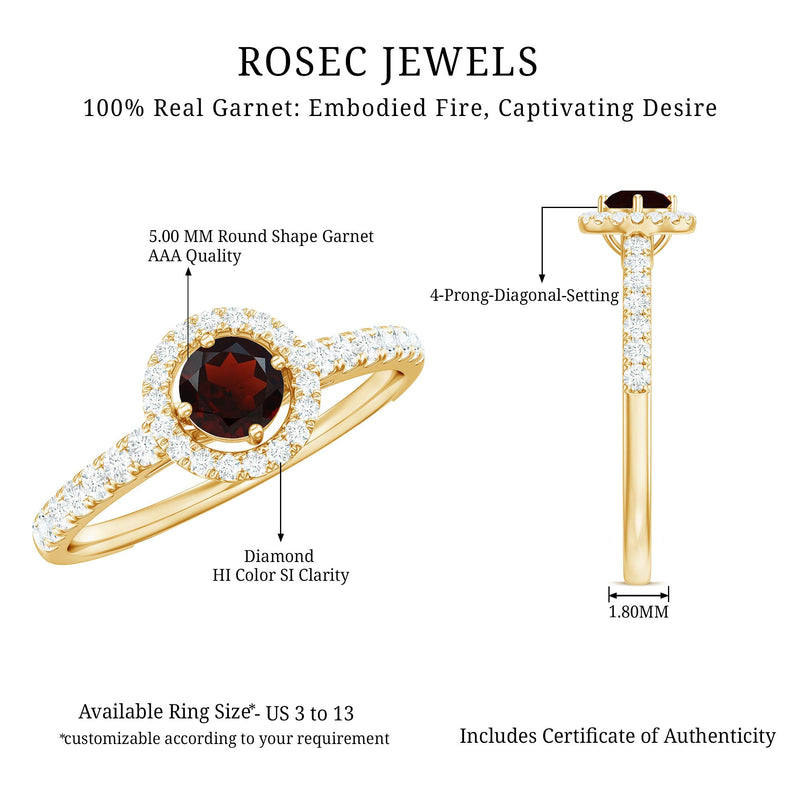 Minimal Garnet & Diamond Halo Engagement Ring