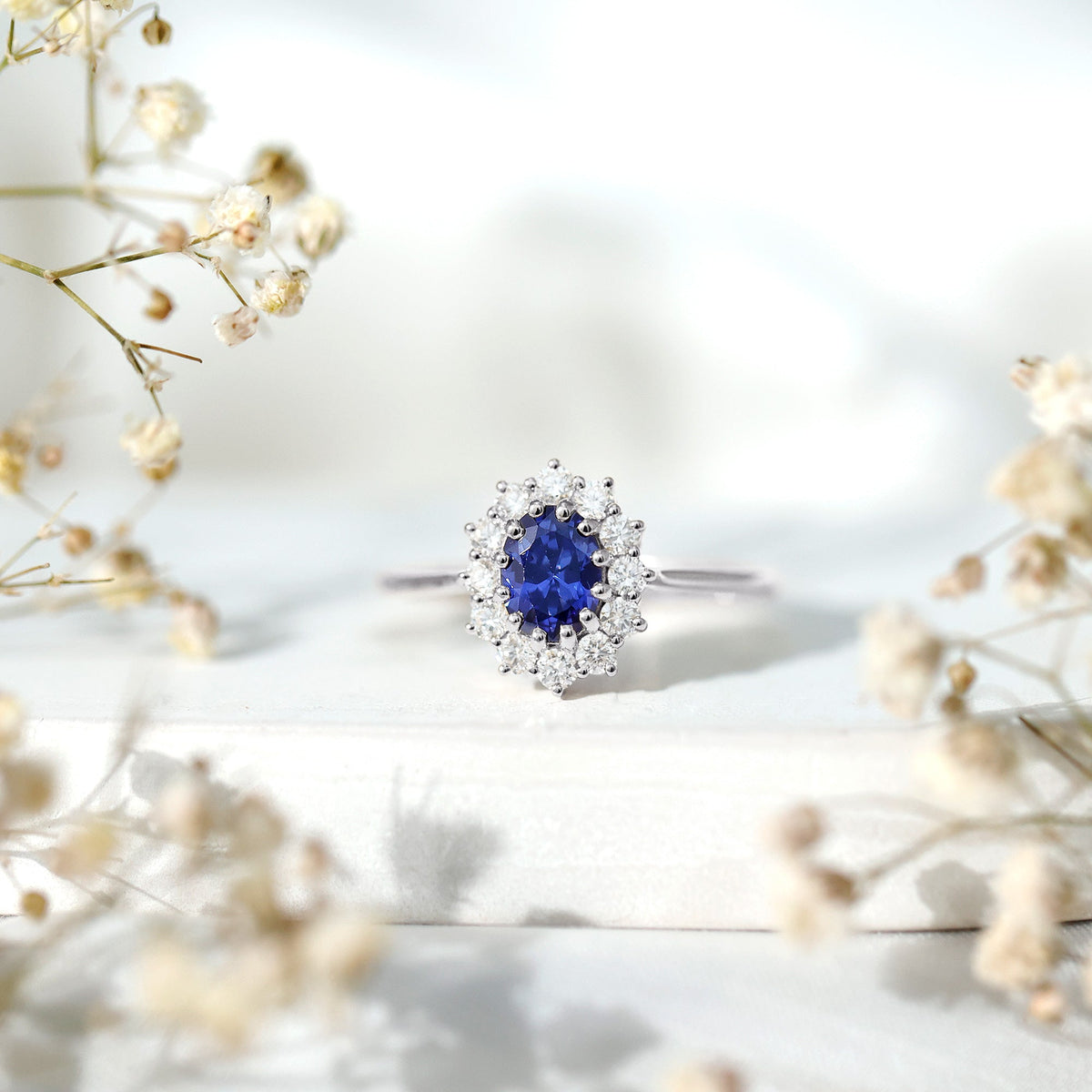 Oval Lab-Created Blue Sapphire & Diamond Halo Engagement Ring