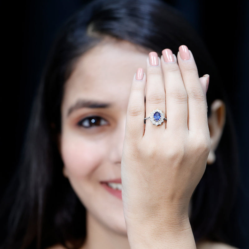 Oval Lab-Created Blue Sapphire & Diamond Halo Engagement Ring