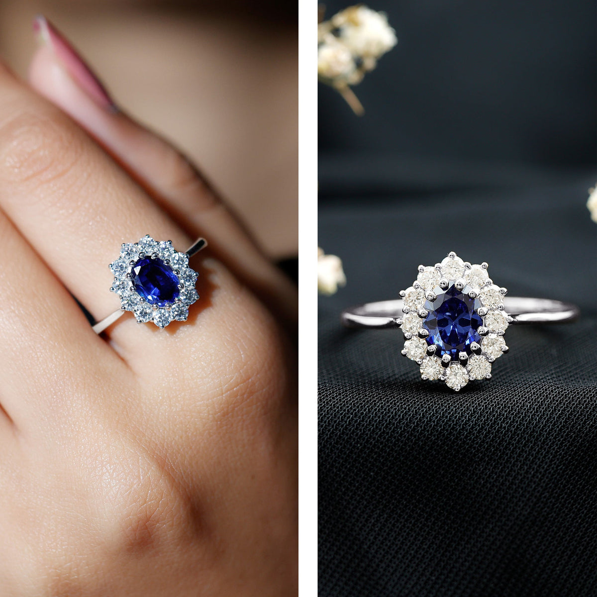 Oval Lab-Created Blue Sapphire & Diamond Halo Engagement Ring
