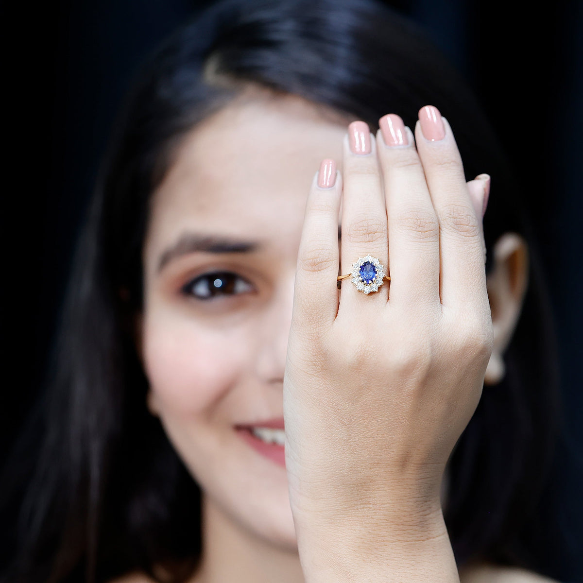 Oval Lab-Created Blue Sapphire & Diamond Halo Engagement Ring