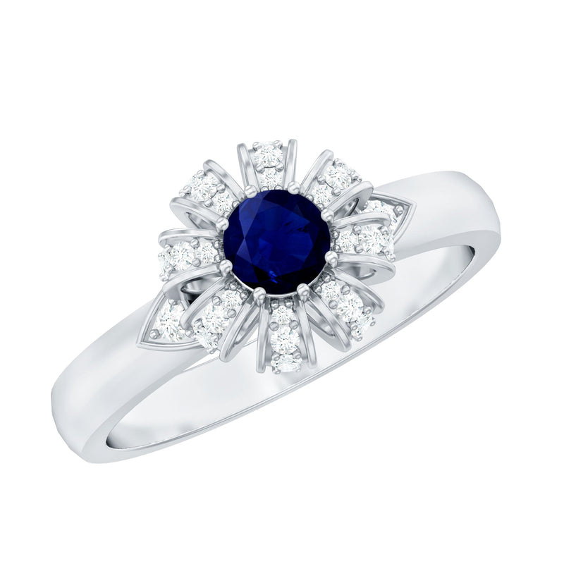 Blue Sapphire Flower Engagement Ring with Diamond