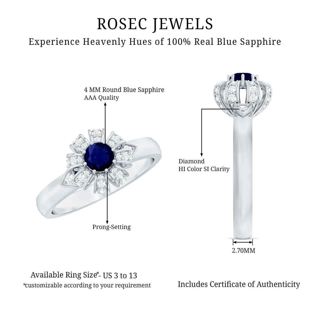 Blue Sapphire Flower Engagement Ring with Diamond