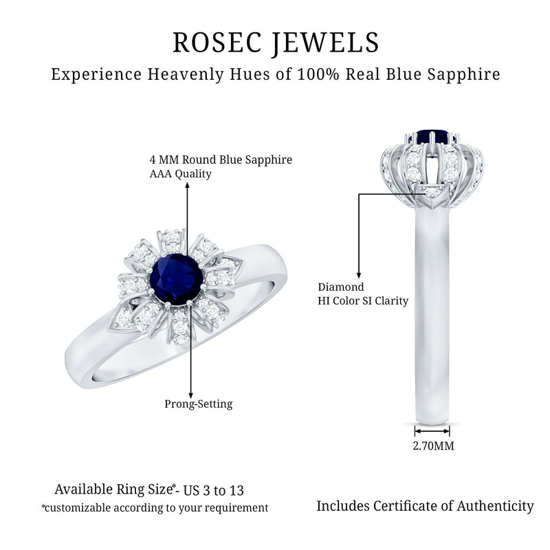 Blue Sapphire Flower Engagement Ring with Diamond