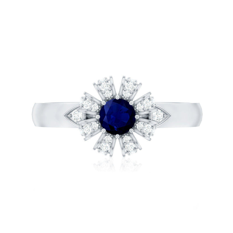 Blue Sapphire Flower Engagement Ring with Diamond