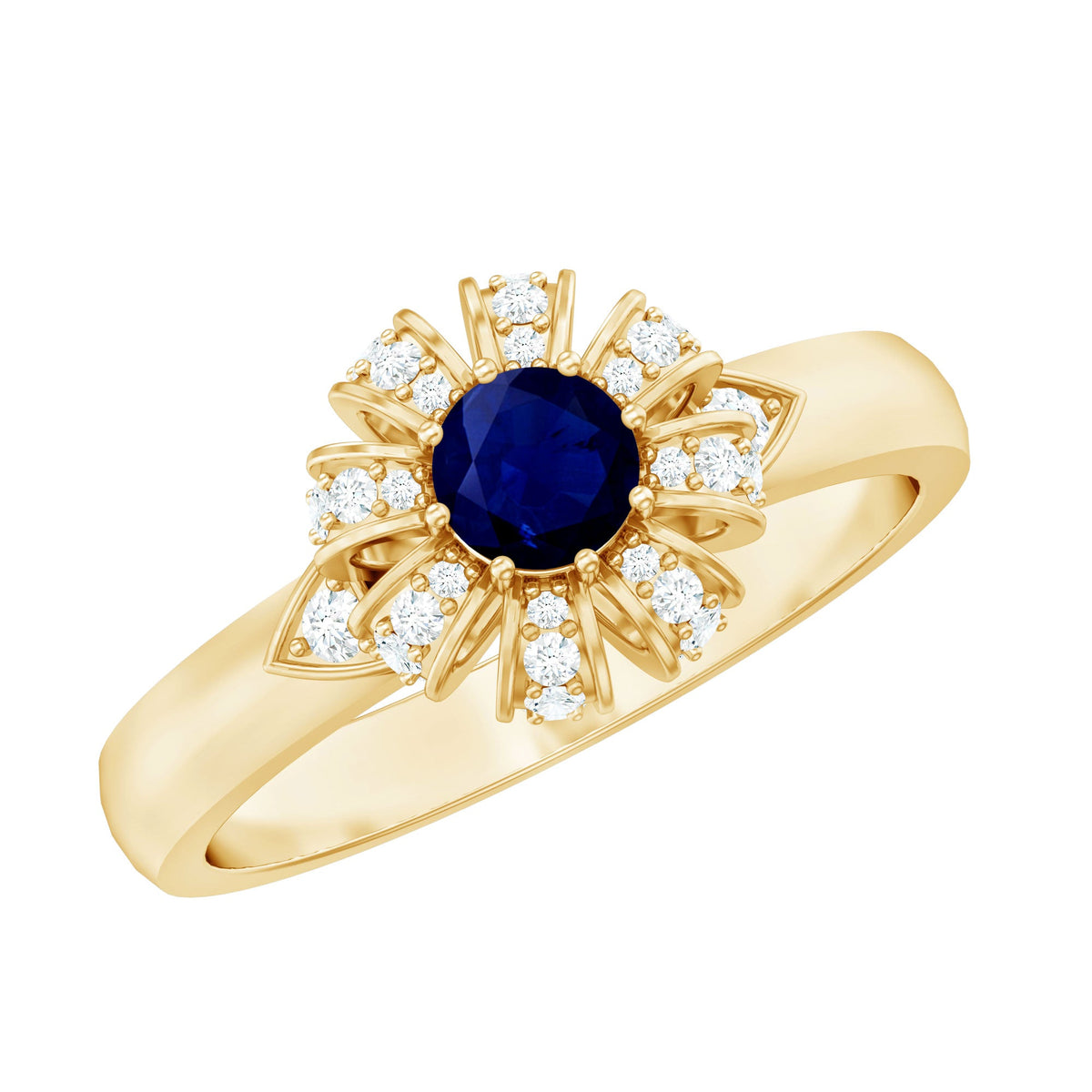 Blue Sapphire Flower Engagement Ring with Diamond