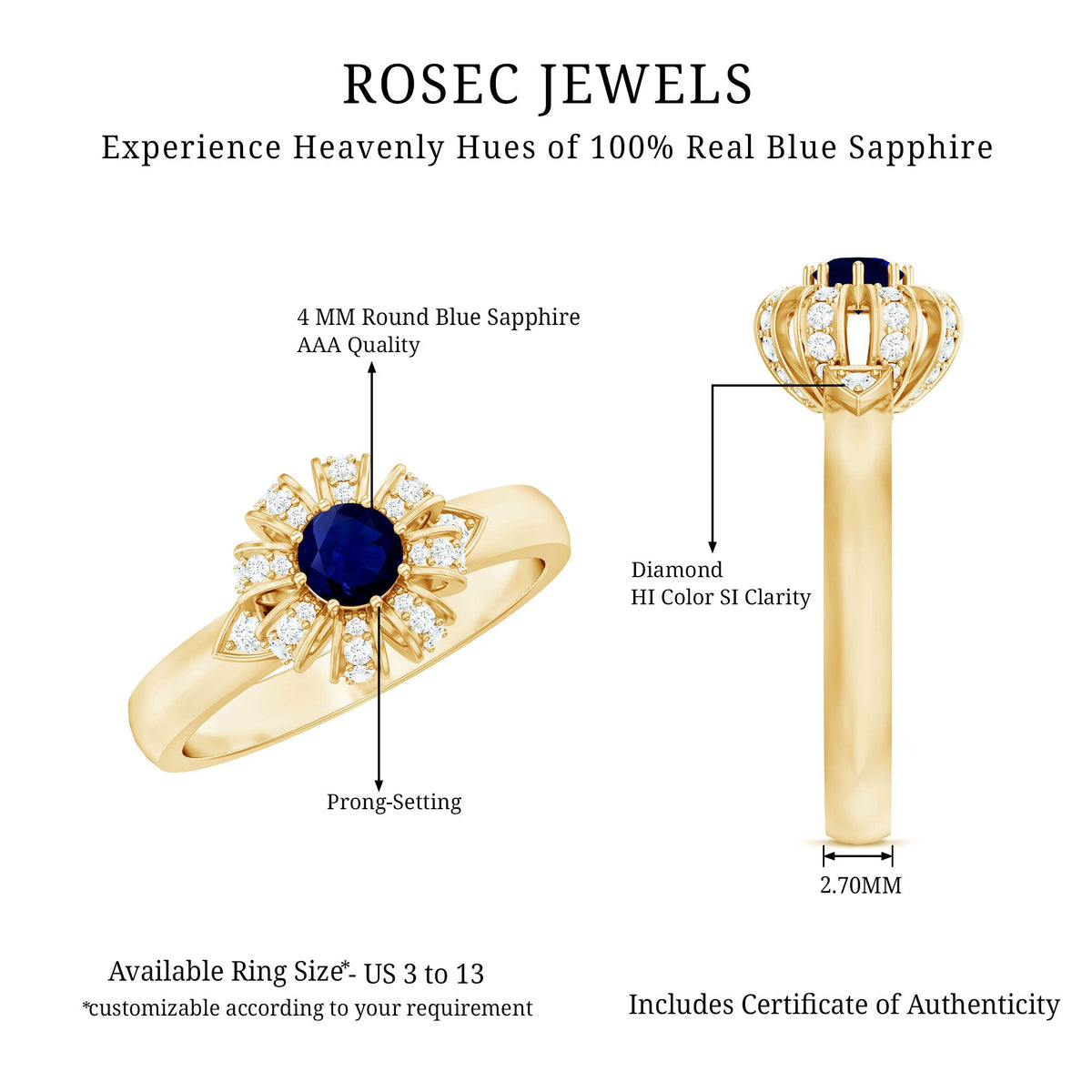 Blue Sapphire Flower Engagement Ring with Diamond