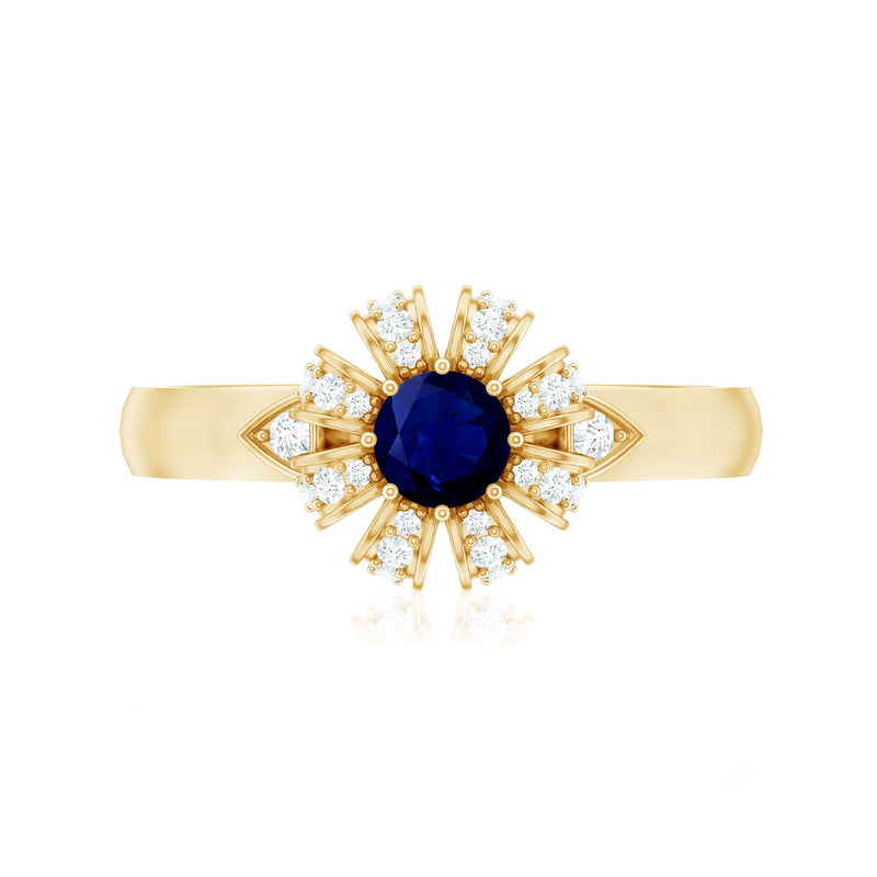 Blue Sapphire Flower Engagement Ring with Diamond
