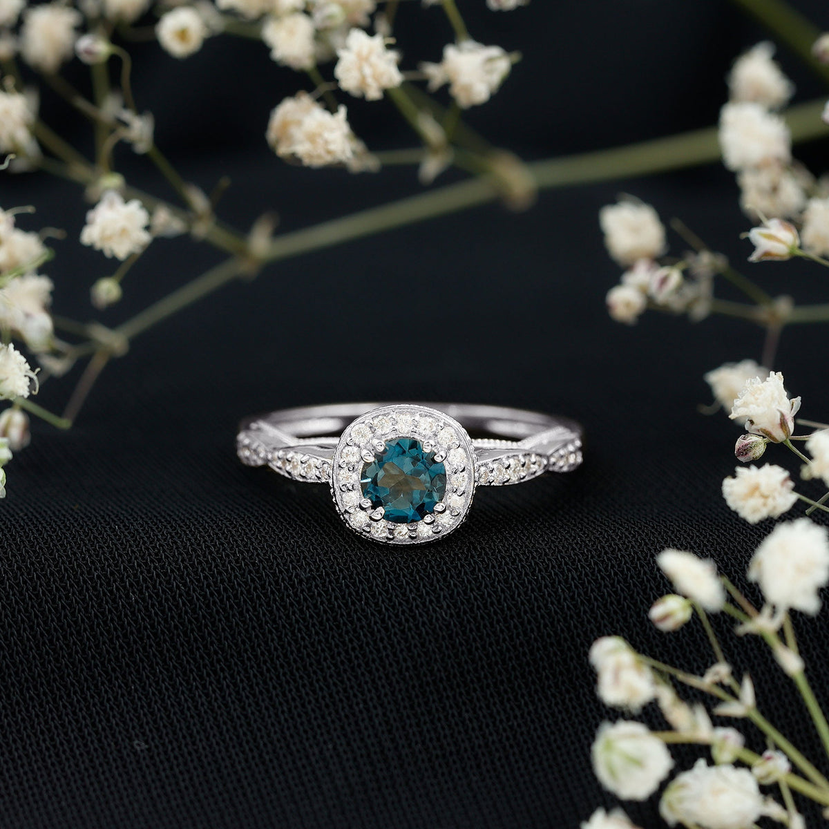 London Blue Topaz & Diamond Halo Ring