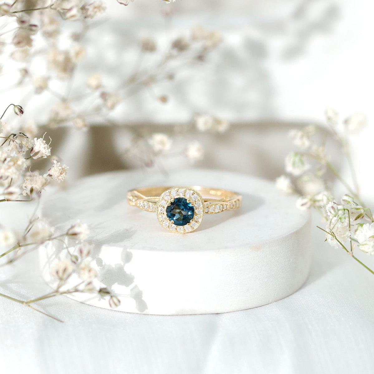 London Blue Topaz & Diamond Halo Ring