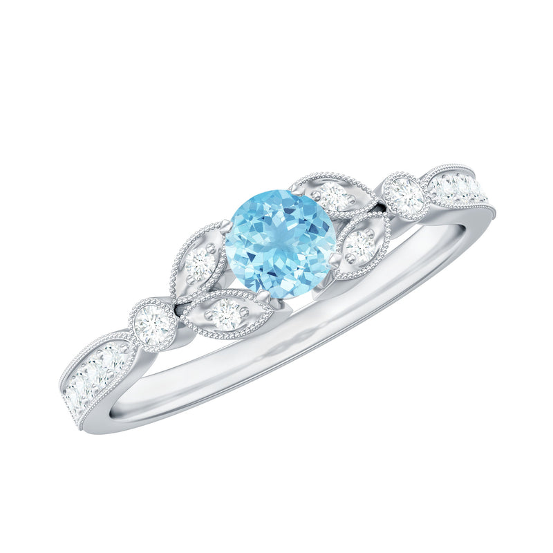 Round Aquamarine & Diamond Vintage Engagement Ring