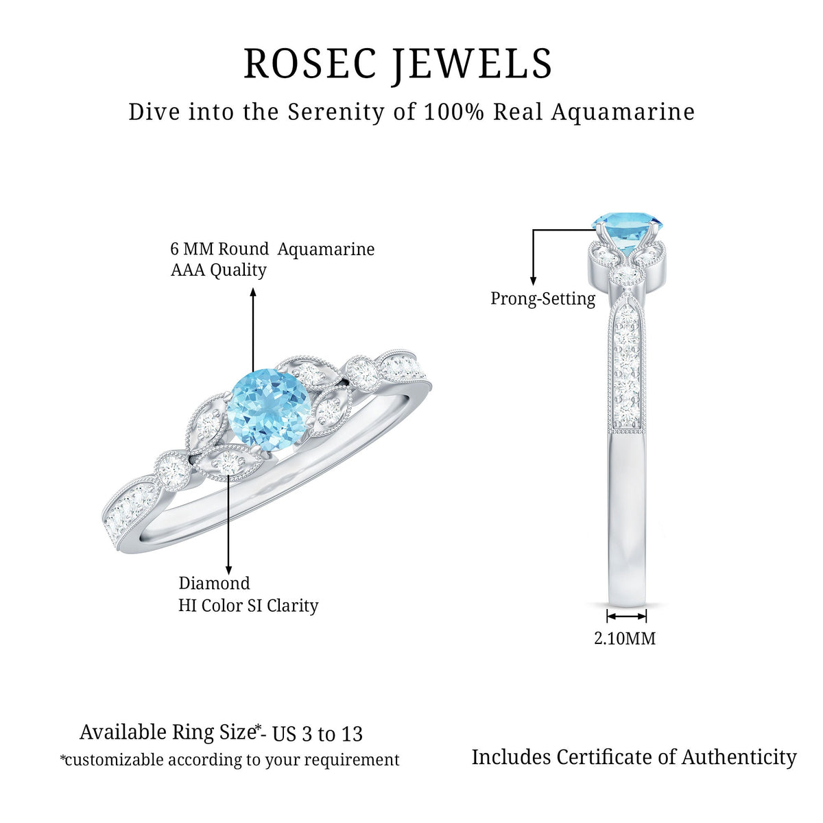 Round Aquamarine & Diamond Vintage Engagement Ring