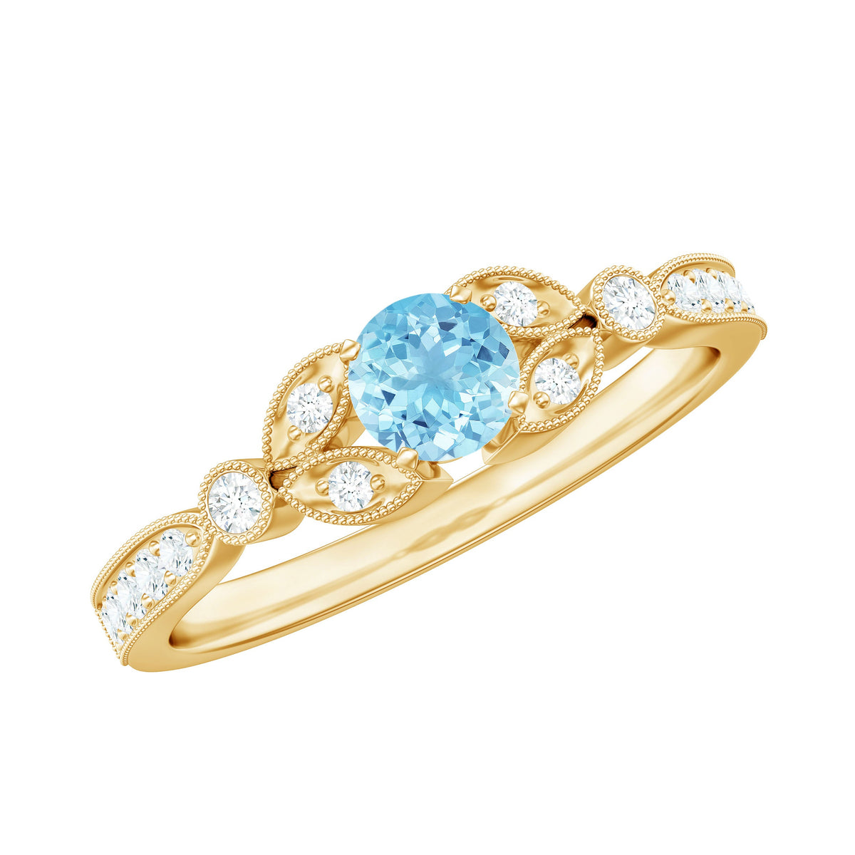 Round Aquamarine & Diamond Vintage Engagement Ring