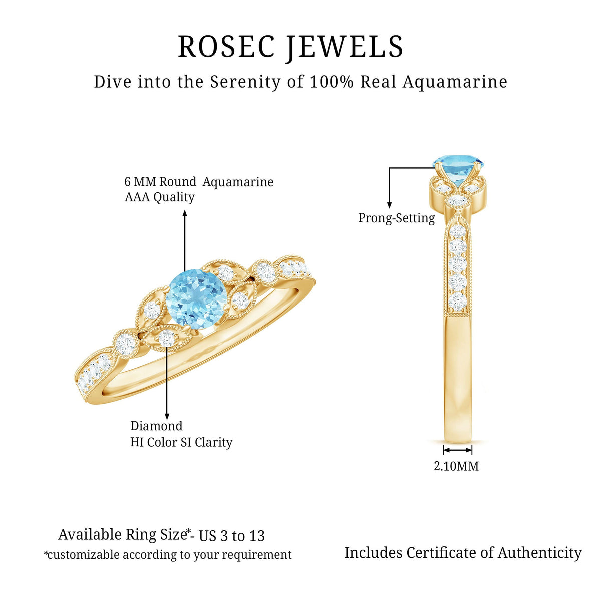 Round Aquamarine & Diamond Vintage Engagement Ring