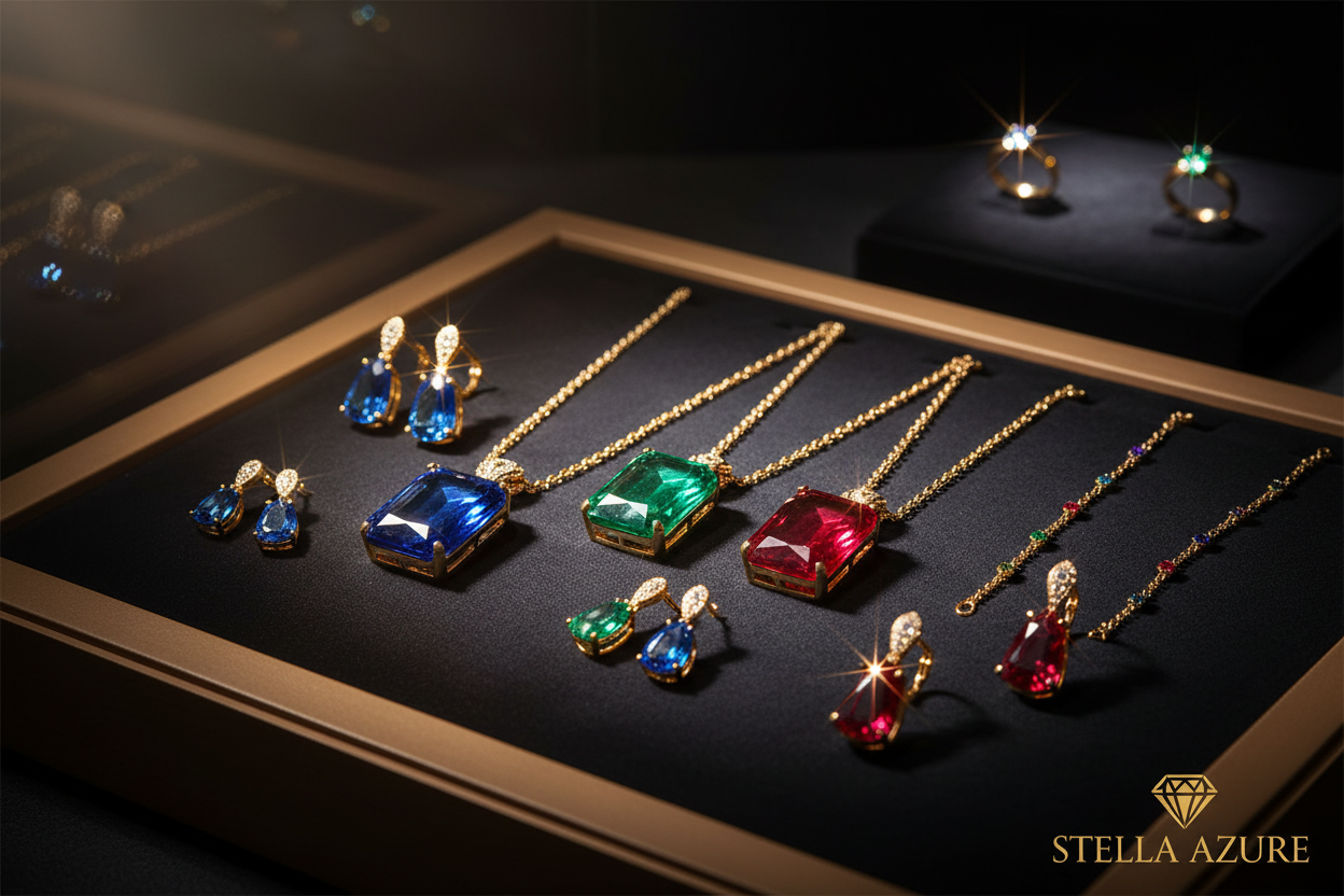 Jewelry set with colorful gemstones on a dark surface, branded 'Stella Azure'.
