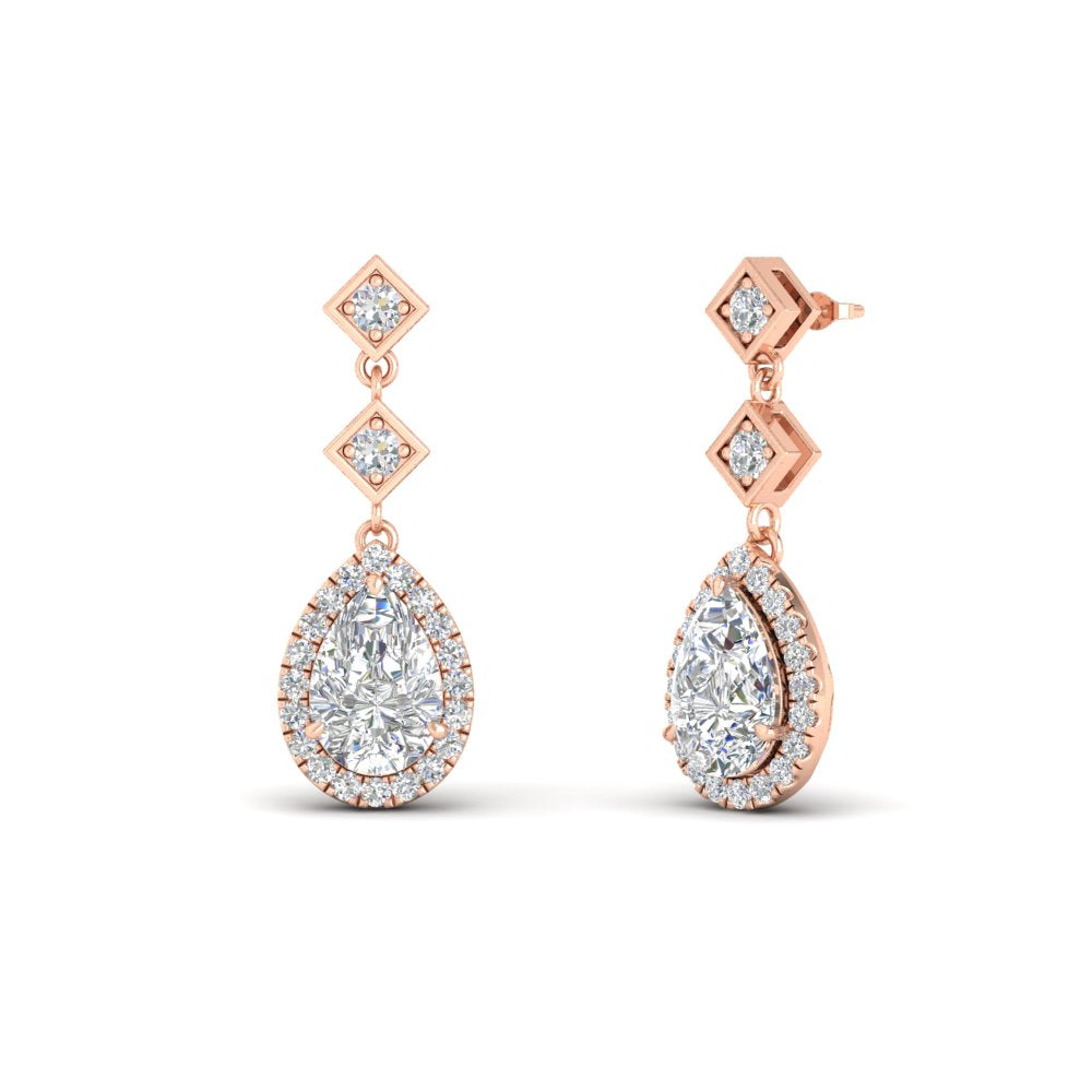 Double Drop Pear Diamond Halo Earrings