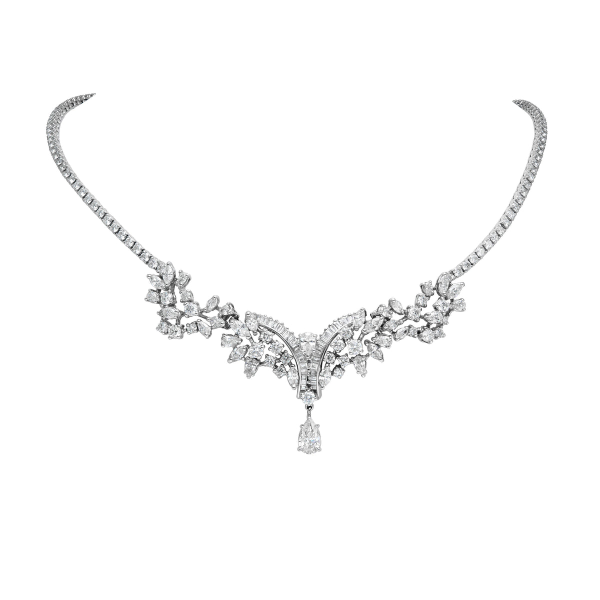 18K White Gold Natural Diamond Cluster Drop Necklace