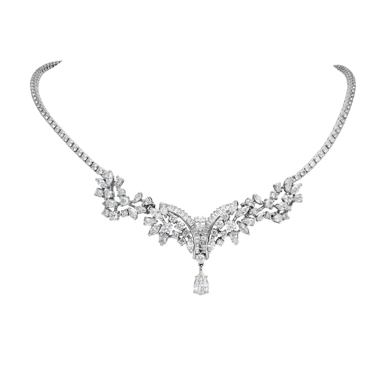 18K White Gold Natural Diamond Cluster Drop Necklace