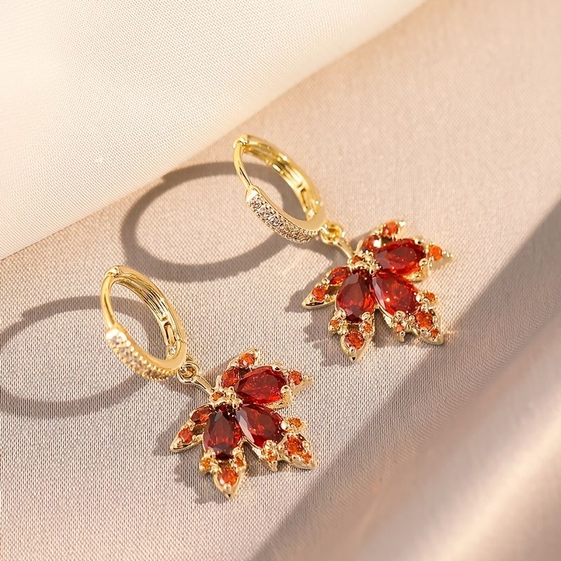 Red Maple Leaf Drop Earrings Inlaid Water Drop Shape Zircon Pendant