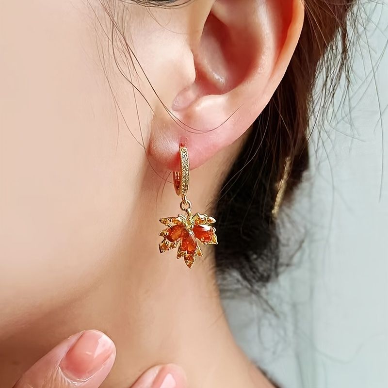 Red Maple Leaf Drop Earrings Inlaid Water Drop Shape Zircon Pendant