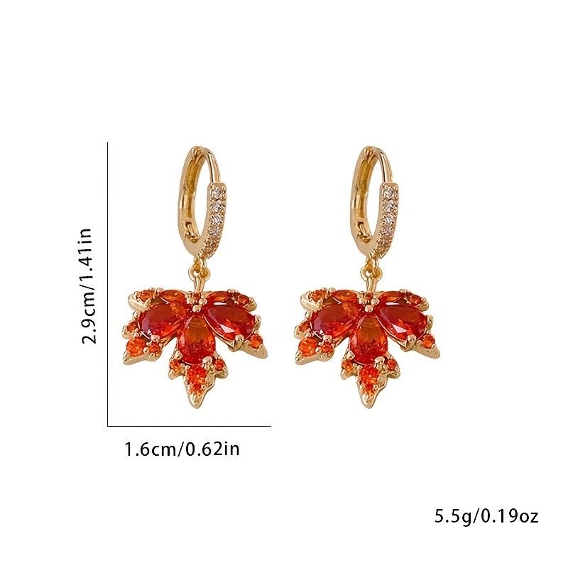 Red Maple Leaf Drop Earrings Inlaid Water Drop Shape Zircon Pendant