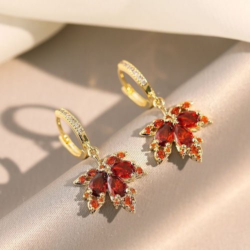 Red Maple Leaf Drop Earrings Inlaid Water Drop Shape Zircon Pendant