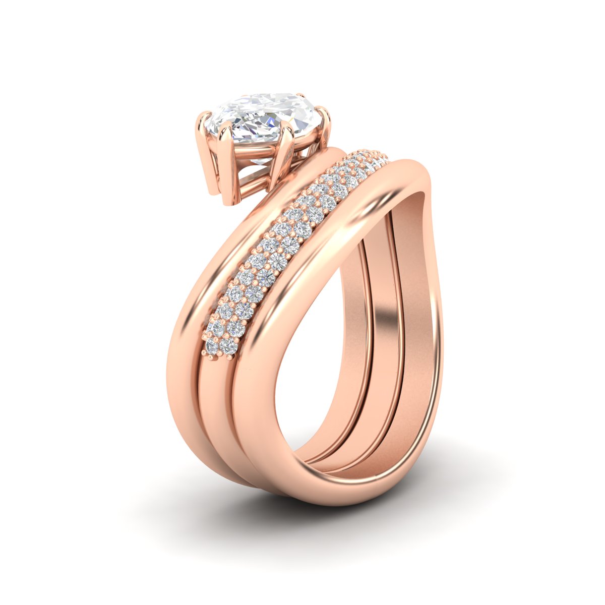 Oval Diamond Wave Bridal Set with Pavé Band