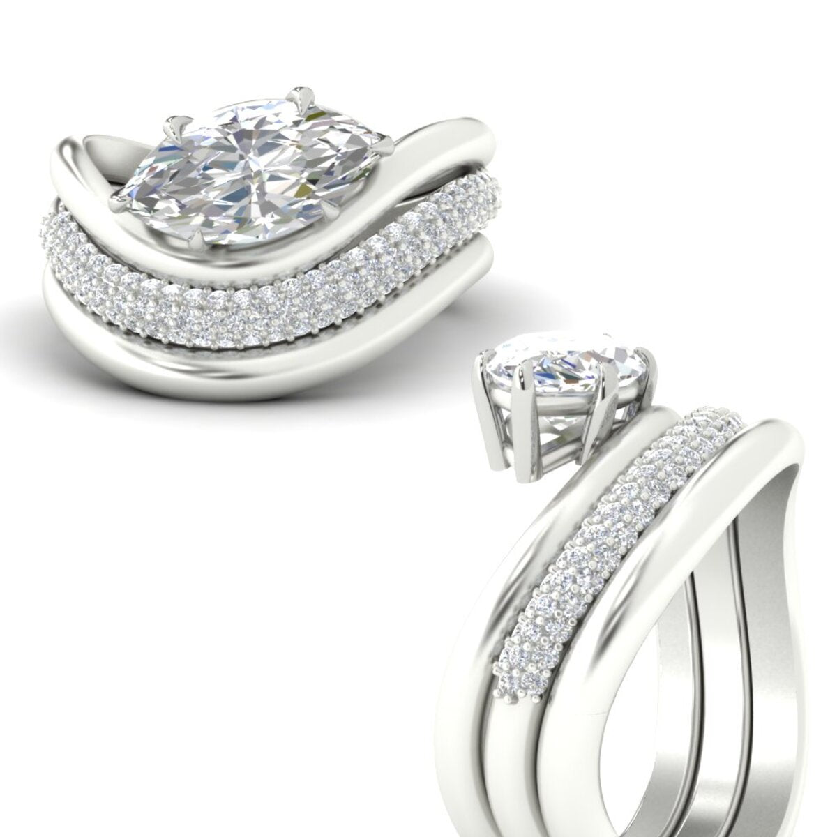 Oval Diamond Wave Bridal Set with Pavé Band