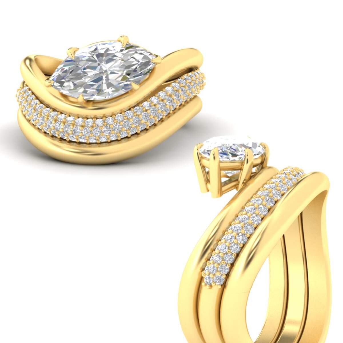 Oval Diamond Wave Bridal Set with Pavé Band