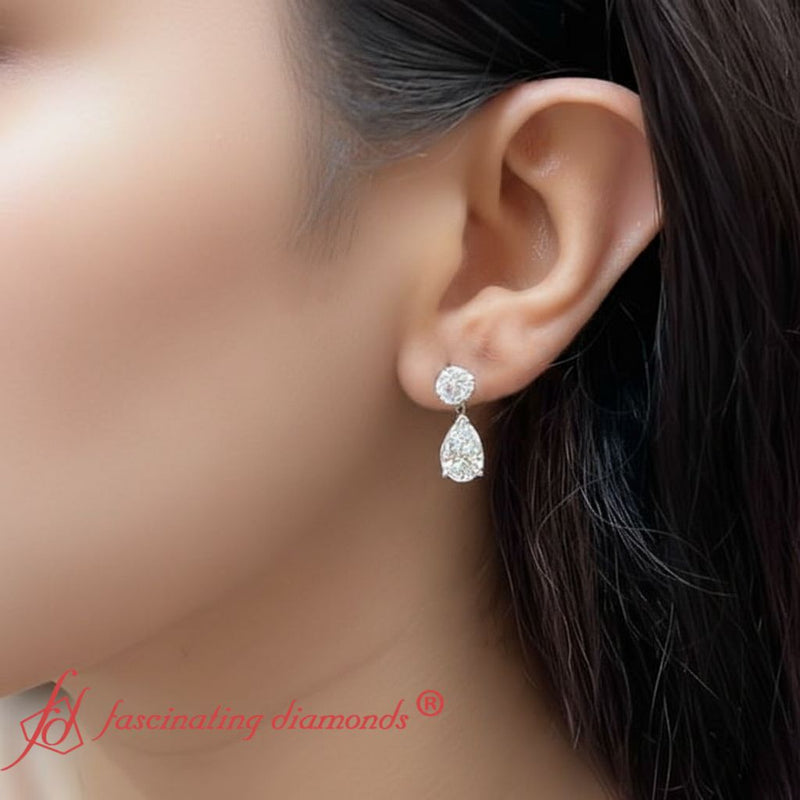 Round & Pear Diamond Drop Stud Earrings
